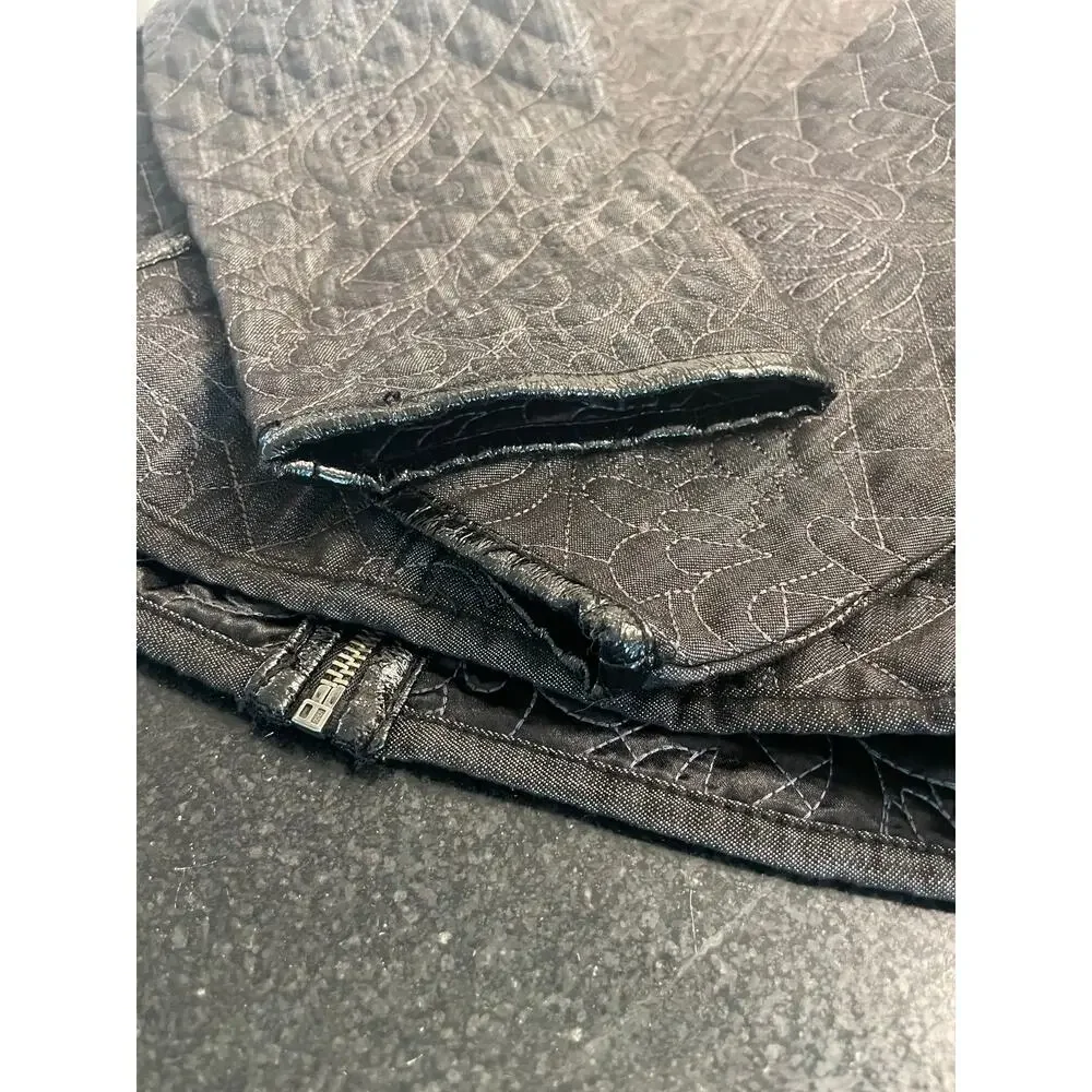 Chico's Charcoal  Black Floral Quilted Jacket Blazer 3/XL Faux Leather accents